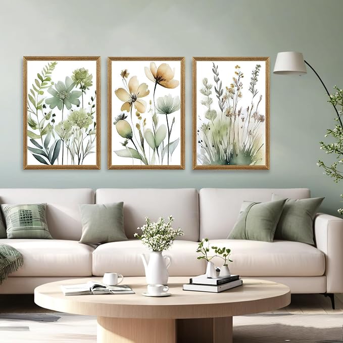 SYWENNOI 3 Pieces Wood Framed Green Botanical Canvas Wall Art, Boho Floral - Image 2