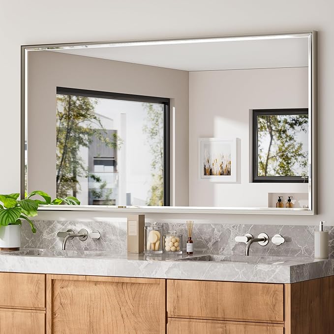 72 x 36 Brushed Nickel Bathroom Mirror, Beveled Framed Rectangle, Shatterproof by QUEENFUN