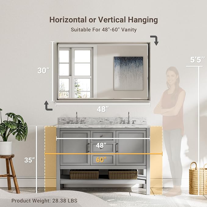 48'' x 30'' Brushed Nickel Framed Beveled Bathroom Mirror, Shatterproof - Image 2