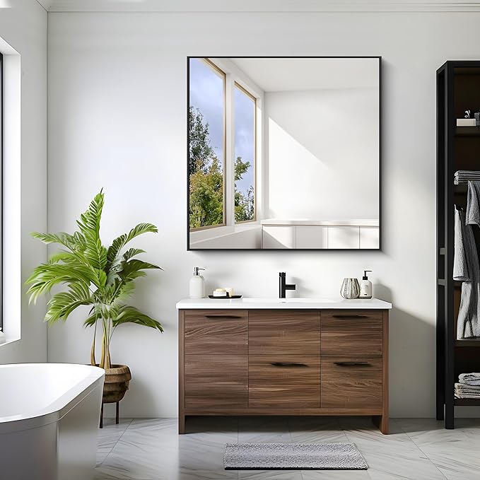 KOCUUY Black Square Mirror, Large Black Wall Mounted Mirror, Metal Framed Mirror - Image 3