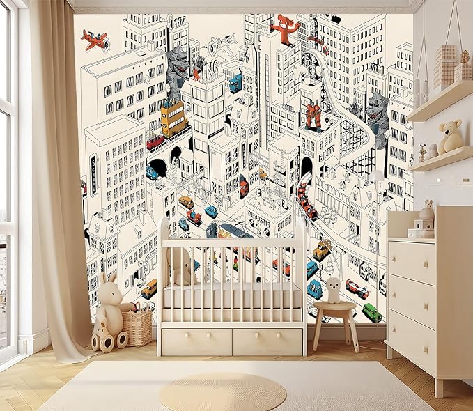 XMPMBM-Cartoon Comics City Nursery Room Fabric Wallpaper Kids Bedroom - Image 2
