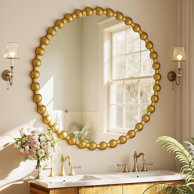 Easly Round Mirror for Wall, 36 Inch Gold Beaded Frame Decorative Vanity Mirror - Image 3