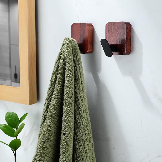 DELITON Acacia Wooden Towel Hooks Red Brown, 4 Pack Sticky Hooks - Image 4