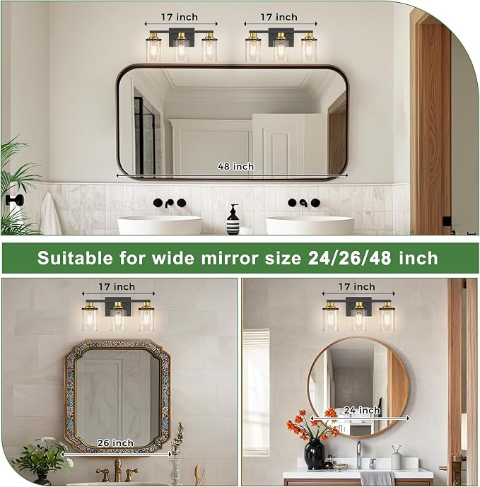DORESshop Bathroom Light Fixtures, 3-Light Black and Gold Bathroom Lights Over - Image 3