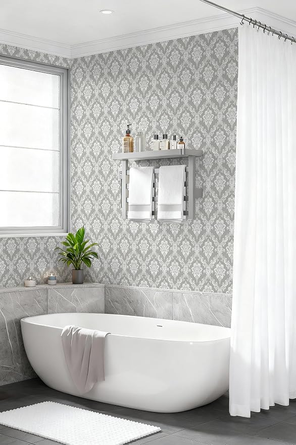 Peel and Stick Wallpaper Grey and White Damask Wallpaper - Image 5