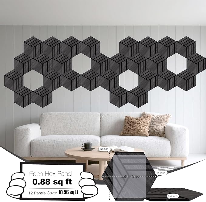 Mollywell Acoustic Panels, PVC Wood-Grain, 14x12 Inch Hexagon Carved Sound - Image 2