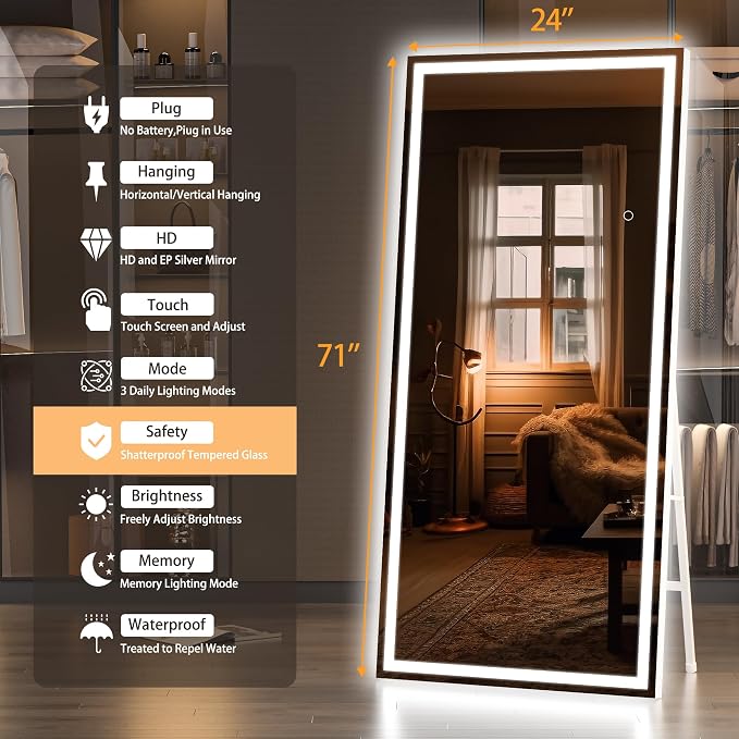 Hasipu Full Length Mirror with Lights, Full Body Dressing Hanging Mounted Mirror - Image 2