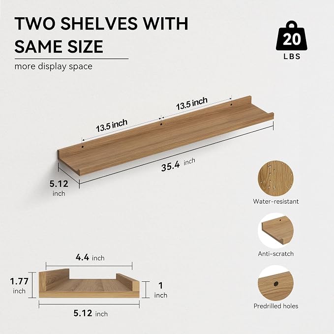 Boswillon 35.3 Inches Long Floating Shelves, 2 Set Rustic Wall Shelf - Image 3