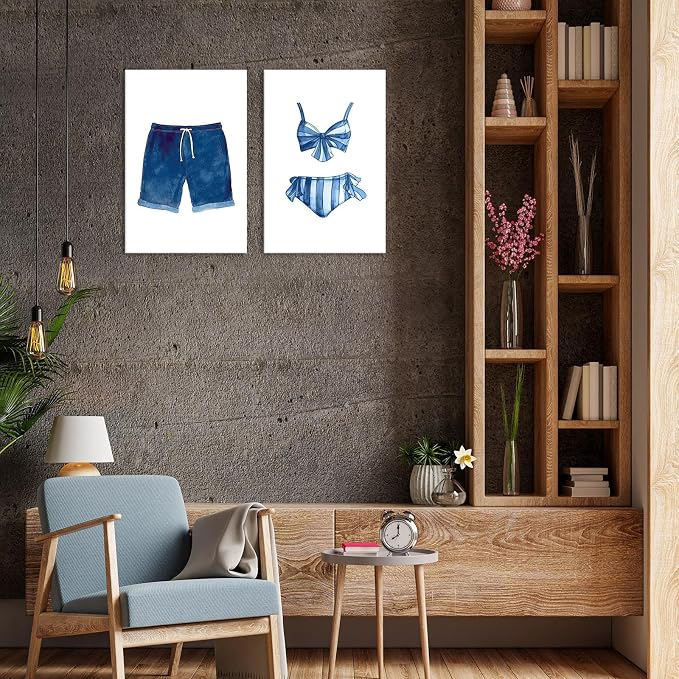 Liyark Set of 2 Retro Navy Blue And White Swimsuit Art Posters Beach Bathing - Image 5