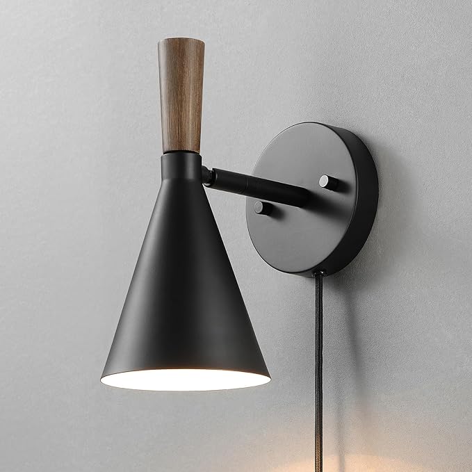 Globe Electric Plug-in or Hardwire Wall Sconce, Matte Black, Wood-Tone Switch - Image 7