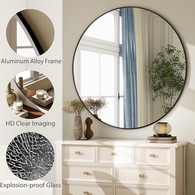 HARRITPURE 48 Inch Round Mirror, Modern Aluminum Alloy Frame Large Vanity Wall - Image 4