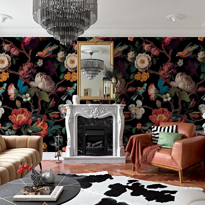 Zeeko Floral Peel and Stick Wall Mural Black Flower Wallpaper - Image 2