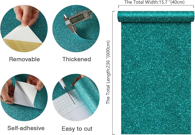CHIHUT Teal Blue Glitter Wallpaper Stick and Peel - Image 8