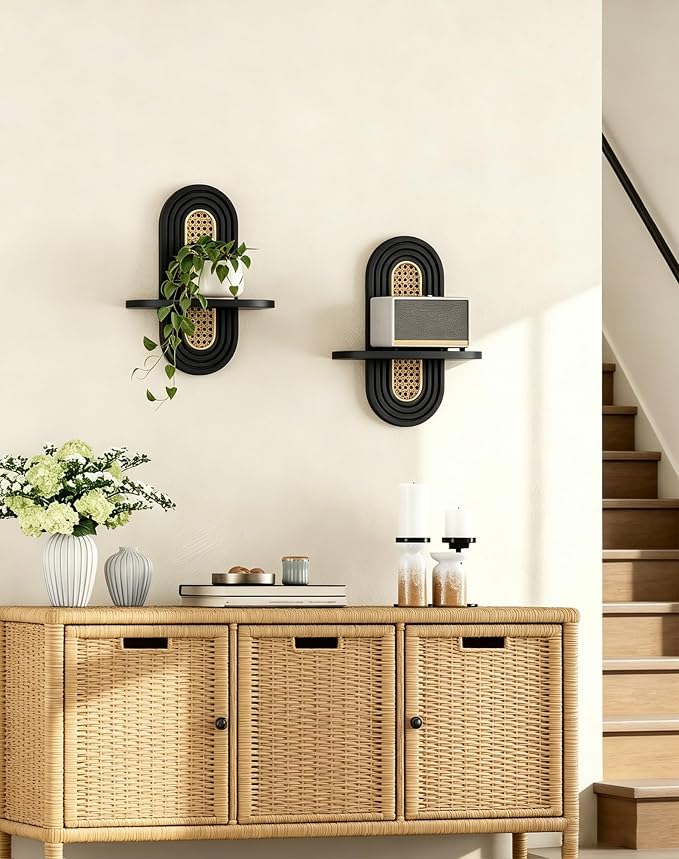 Floating Shelves for Wall, Boho Home Wall Decor, Rattan Plant Shelf Set of 2 - Image 9