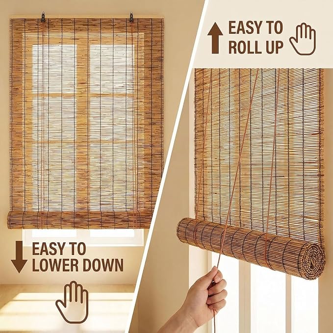 Bamboo Blinds Outdoor Patio, Natural Retro Reed Roll Up Shades - Image 6