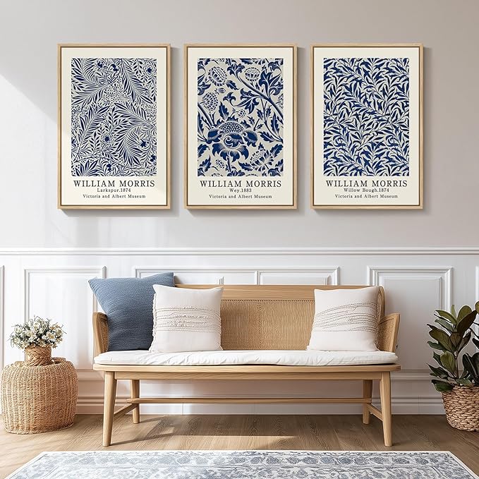 Framed Large William Morris Wall Art Set of 3, Vintage Blue Botanical Floral - Image 2