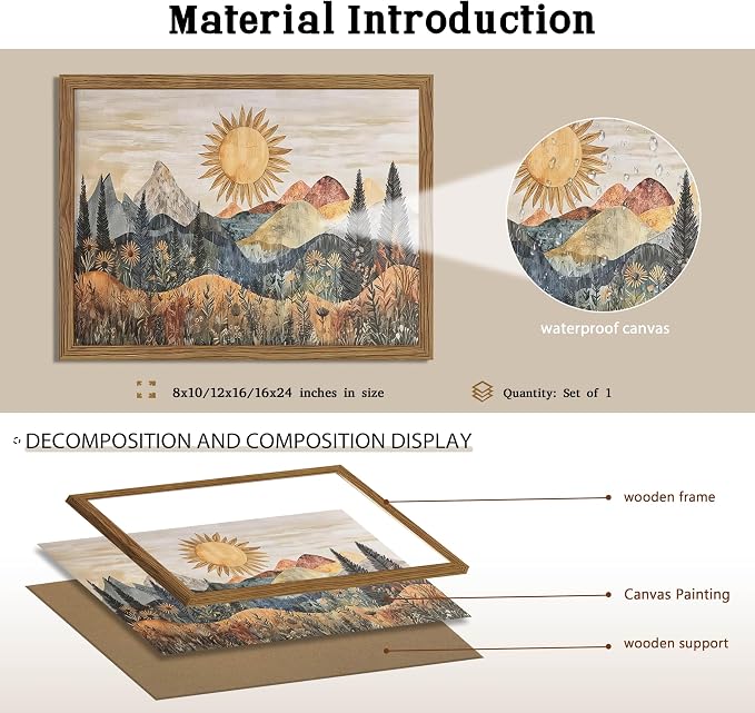 Framed Boho Sun Canvas Wall Art, Modern Abstract Mountain Landscape Painting - Image 5