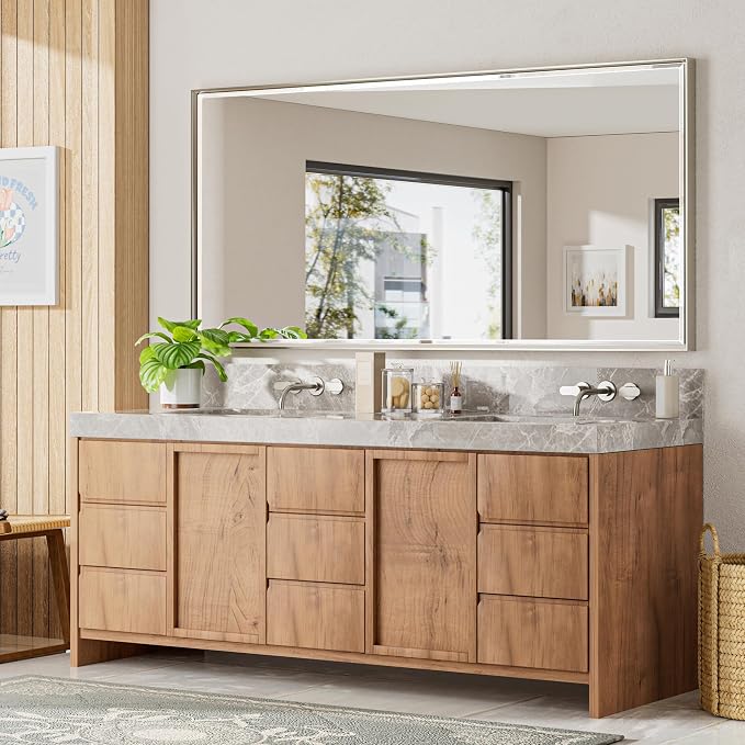 72 x 36 Brushed Nickel Bathroom Mirror, Beveled Framed Rectangle, Shatterproof - Image 6