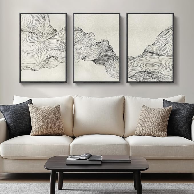 Large Framed Neutral Modern Abstract Wall Art, 3 Piece Black and Beige Canvas by Cuspin