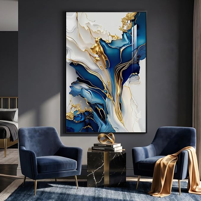 Extra Large Black Framed Gold and Blue Abstract Wall Art - Image 3
