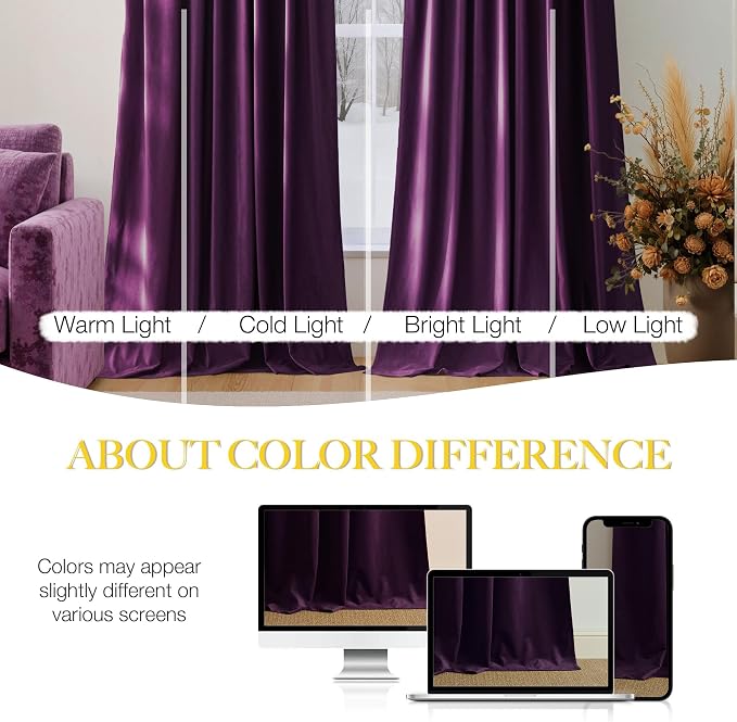 NICETOWN Purple Blackout Velvet Curtains 84 inch Long, Dark Purple - Image 5