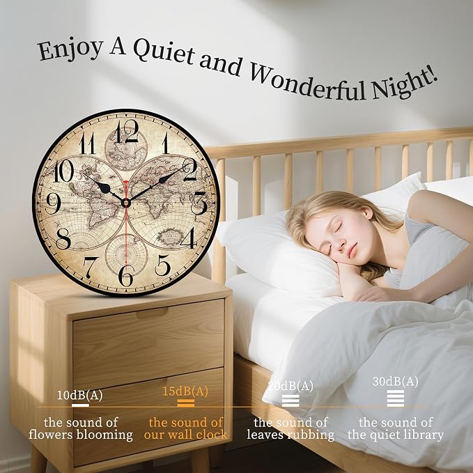 14 Inch Wooden Wall Clock Globe World Map Retro Vintage Rustic Wall Clocks - Image 5
