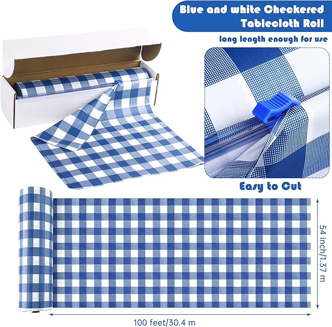 Kochorie 54 Inch x 100 Ft Blue Checkered Plastic Table Cloth Roll Disposable - Image 2