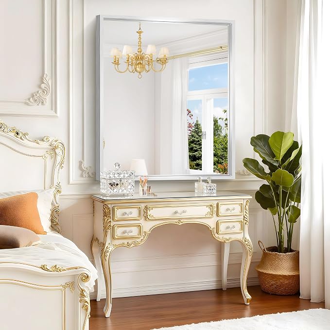 Silver Bathroom Mirror, 42 x 36 Inch Brushed Silver Rectangle Mirror - Image 4