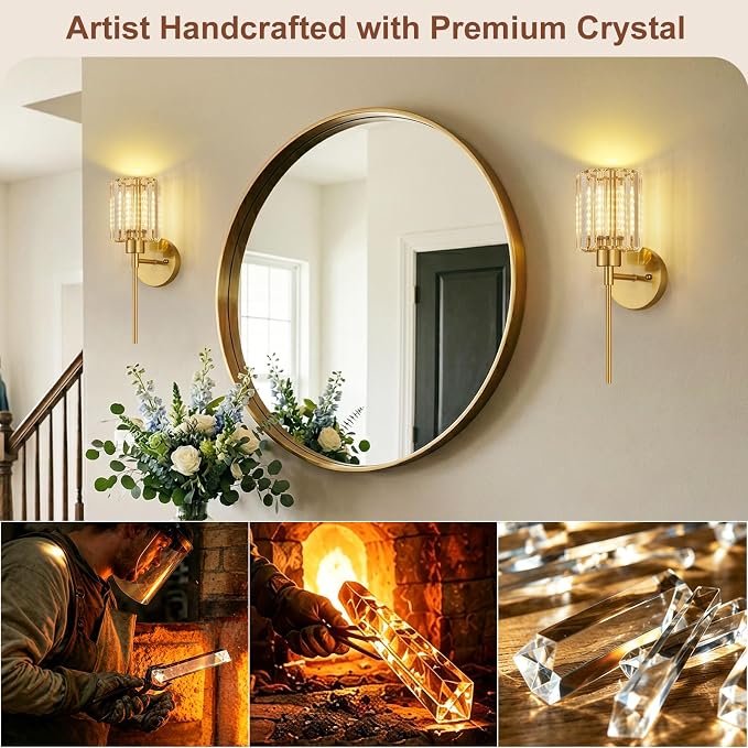 Crystal Battery Operated Wall Sconces, Brushed Gold Rechargeable Wireless Wall - Image 3