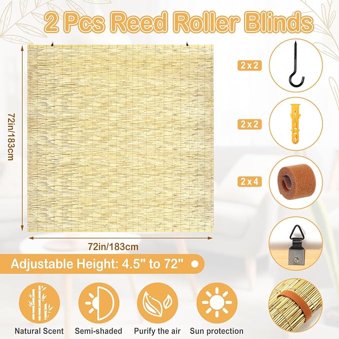DoubleFill 2 Pcs Bamboo Shades Outdoor Reed Roll up Blinds 72" W x 72" H - Image 2