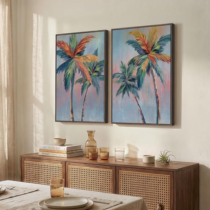 Framed Coastal Colorful Palm Tree Wall Art Bedroom, Pop Art Paintings Prints - Image 2