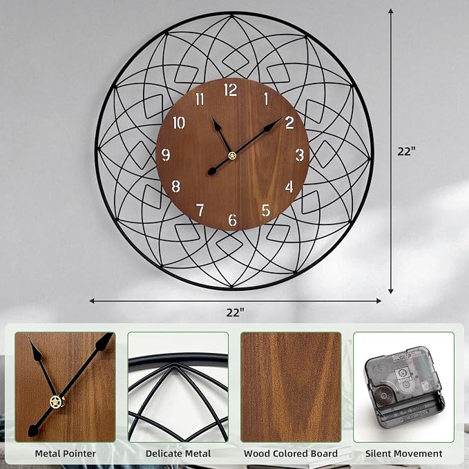 22 Inch Wood Wall Clocks, Silent Non Ticking Battery Operated Rustic Round - Image 2