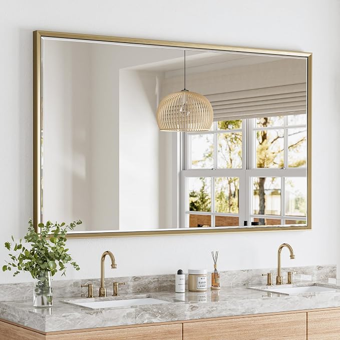 60 x 36 Gold Bathroom Mirror, Brushed Gold Beveled Bathroom Mirror, by QUEENFUN
