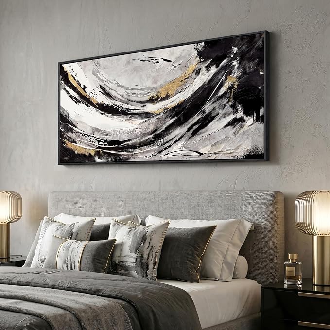 Large Framed Abstract Wall Art for Living Room, Horizontal Black Gold and White - Image 2