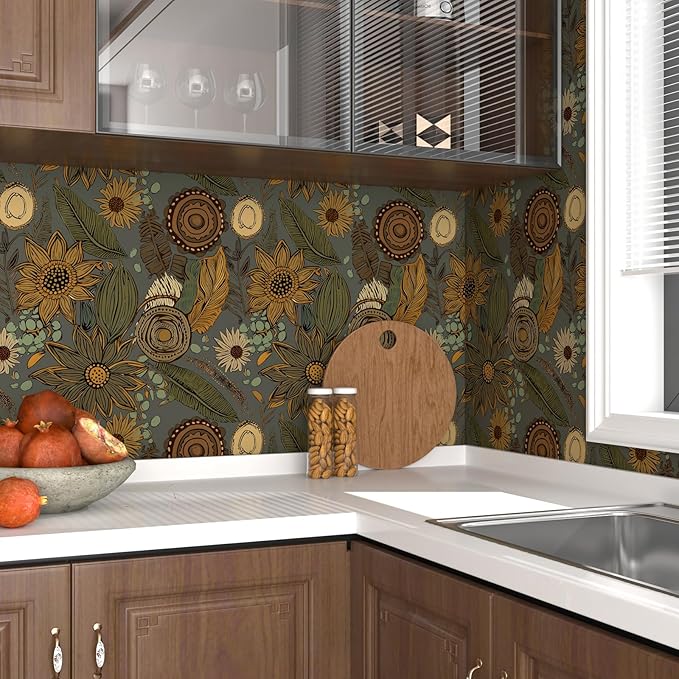 Grey Boho Wallpaper Peel and Stick, Vintage Yellow Green Floral Contact Paper - Image 5
