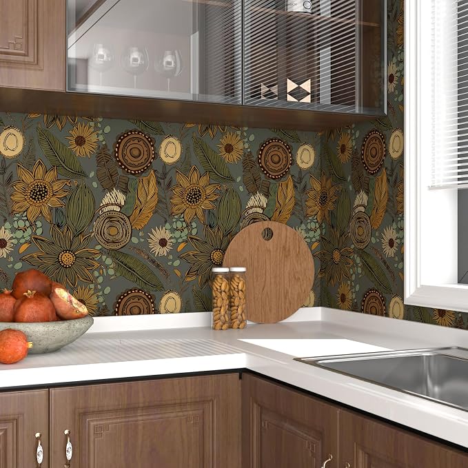 Grey Boho Wallpaper Peel and Stick, Vintage Green Yellow Floral Contact Paper - Image 5