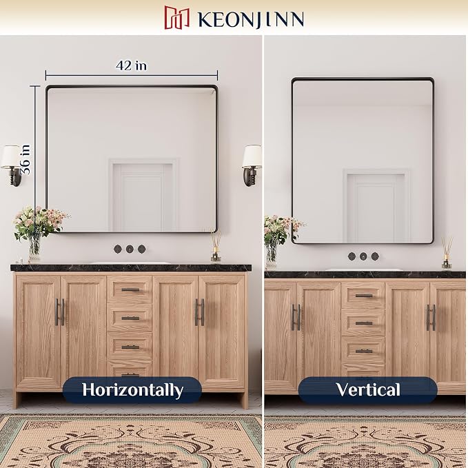 Keonjinn Black Bathroom Mirror for Over Sink, 42 x 36 Inch Large Rounded - Image 8