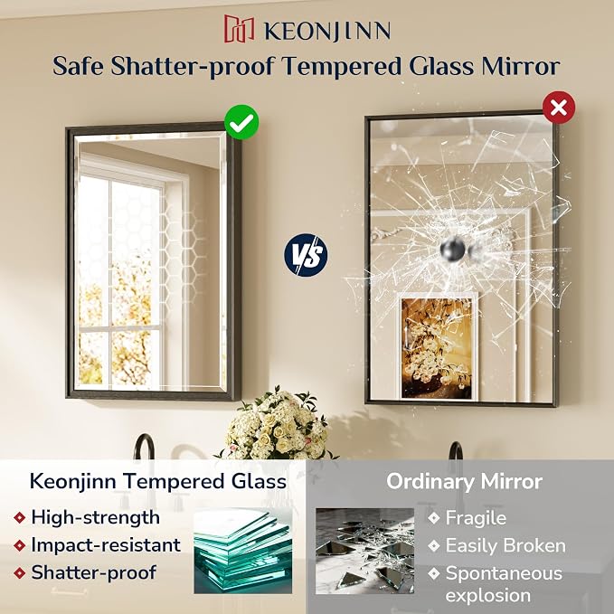 Keonjinn 55" x 30" Black Bathroom Vanity Mirror, Beveled Edge Tempered Glass - Image 6
