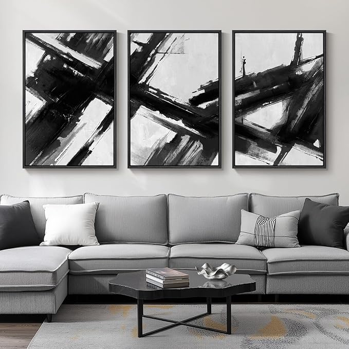 Large Framed Black and White Abstract Canvas Wall Art by Cuspin