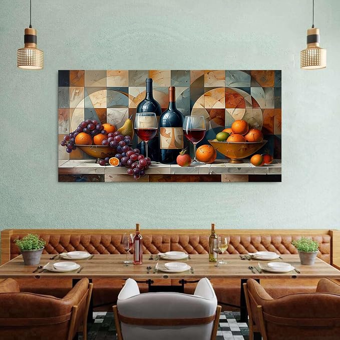 Geometric Kitchen Wall Art Abstract Wine Canvas Prints Red Wine Glass and Fruit - Image 5