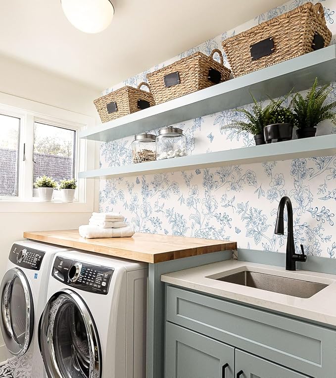 Froluya Cream White and Blue Floral Wallpaper Peel and Stick Wallpaper - Image 3