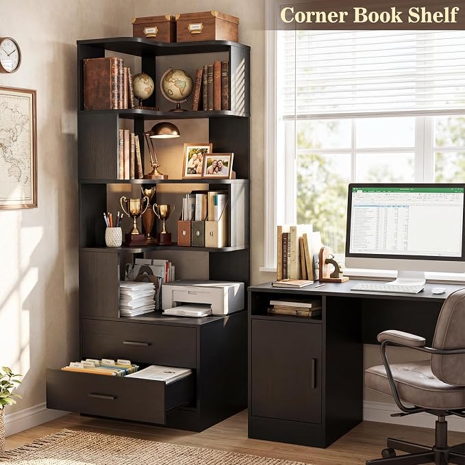 Armocity Corner Bookshelf with Drawers, 7 Tier Corner Book Shelf Display - Image 5