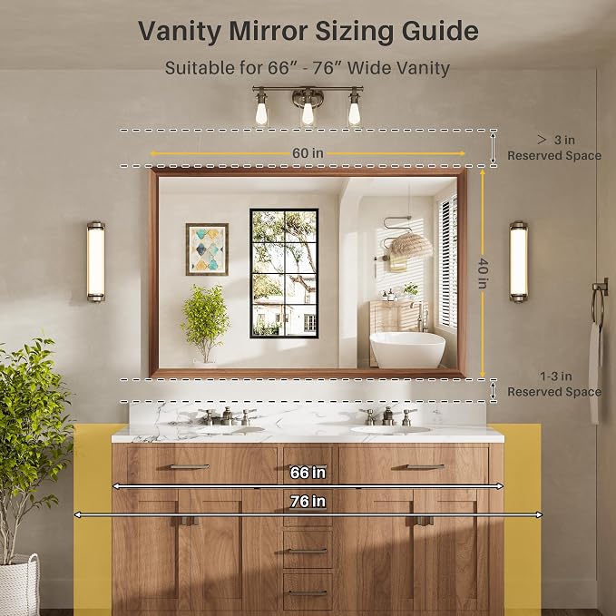 60x40 Inch Bathroom Mirror for Wall, Anti-Rust Walnut Wood Grain Metal Framed - Image 2