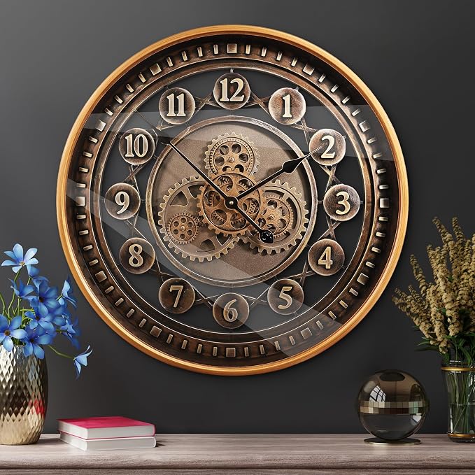 24 Inch Wall Clock with Moving Gears Large Industrial Steampunk Metal Clock - Image 6