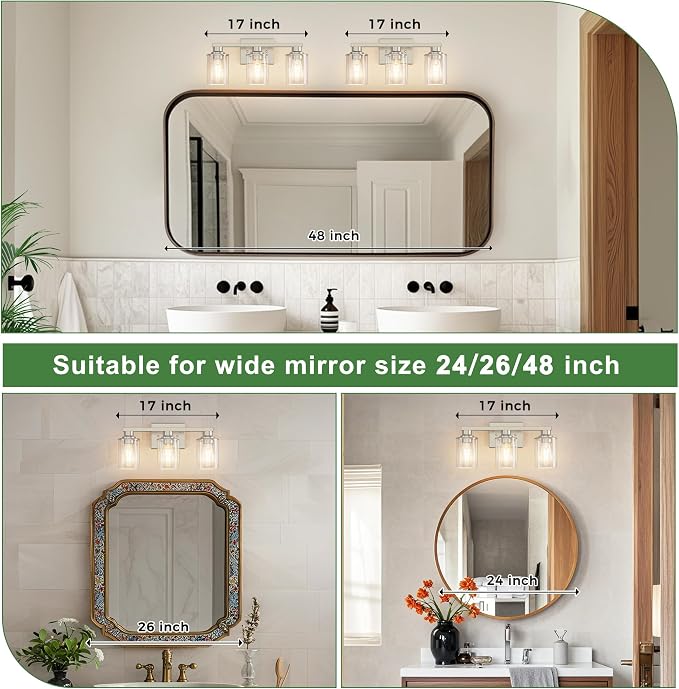 DORESshop 17 Inch Bathroom Light Fixtures, 3-Light Nickel Bathroom Lighting - Image 2