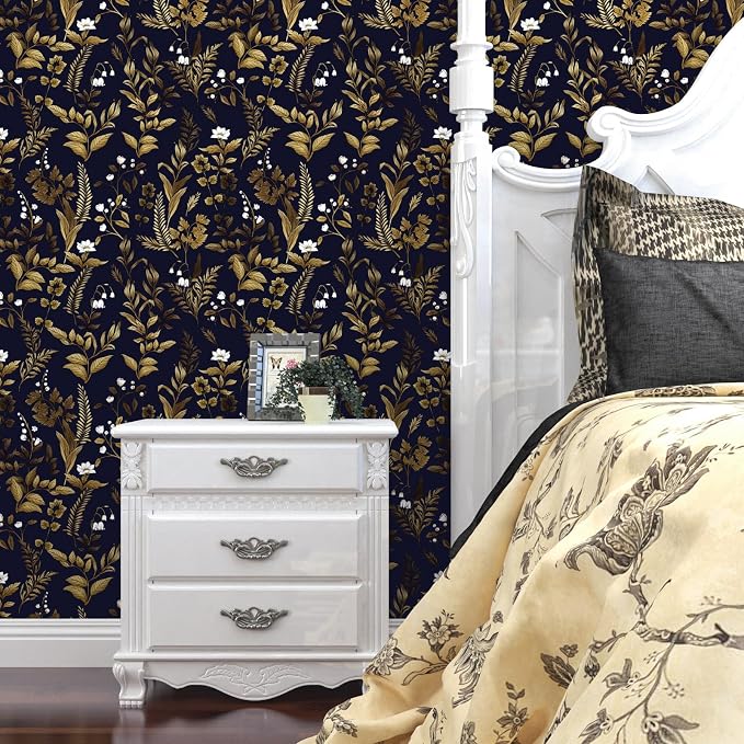 Extra Long Dark Navy Vintage Floral Wallpaper 17.5In x 393In Boho Peelable - Image 2