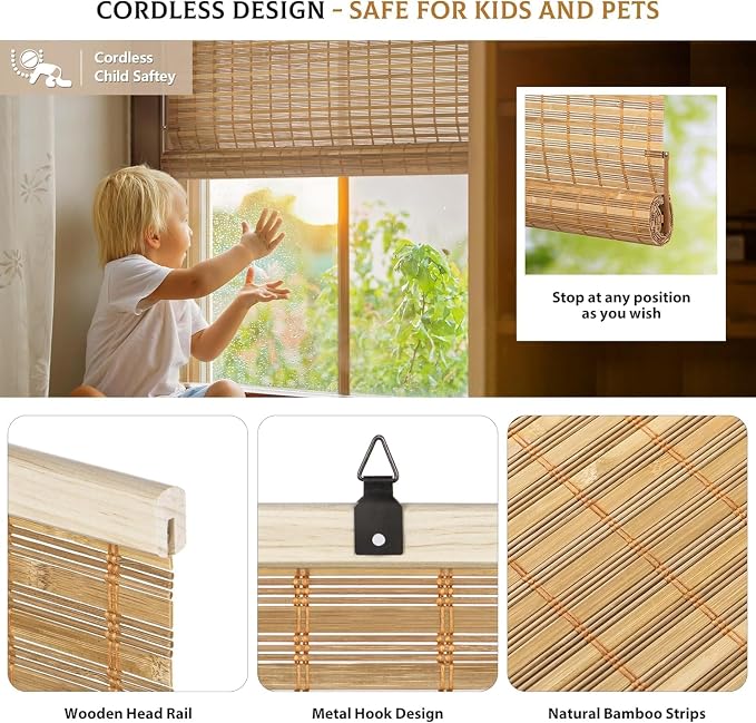 LazBlinds Cordless Bamboo Roll Up Shades - Image 2