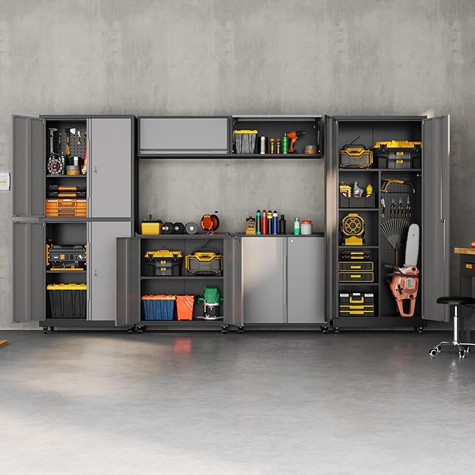 Garage Storage Cabinet with Wheels, Metal Storage Cabinet with 2 Doors and - Image 2