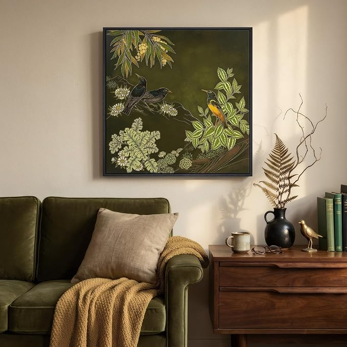 Framed Green Wall Art, Vintage Botanical Flower Bird Nature Canvas Prints - Image 5