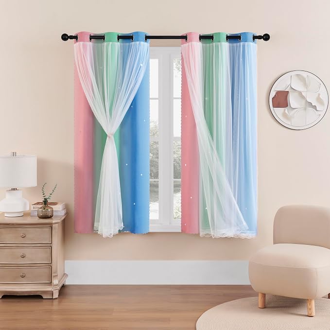 XiDi Curtains for Bedroom Decor, Rainbow Pink GreenBlue34/54/1 by Addsomecolortolife